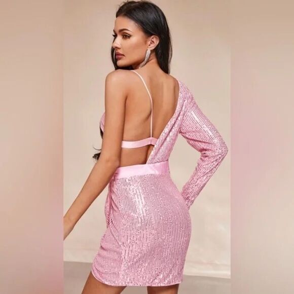 Area Stars Pink Sequin Asymmetric Cut Out Party Mini Dress Size M - Picture 2 of 7